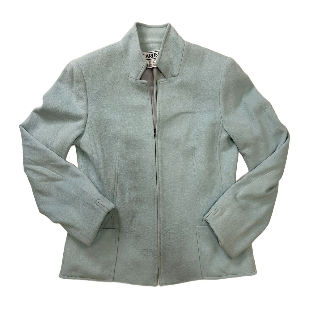 Carlisle Womens Lambswool Angora Zip Jacket Light Blue Size 6 Stand Collar Coat